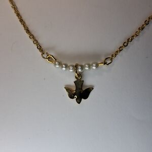 Tiny Pearl Row Necklace w/ Dainty Dove Pendant (Goldtone)